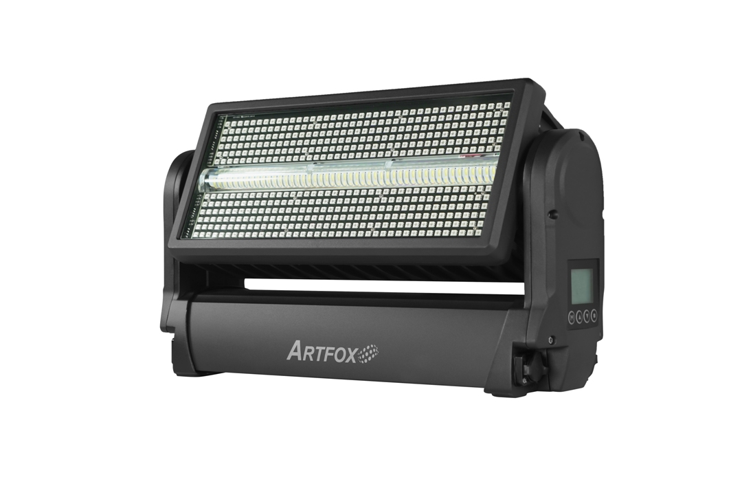 Wall wash light:Strobe and Wash 2-in-1, Tube 720w White, Background Panel 240w RGB, IP65, Dmx Tilt